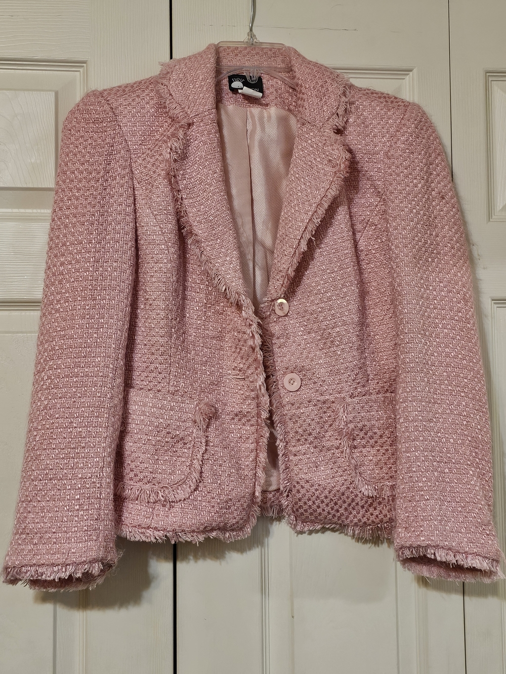 Pink Tweed Frayed Hem Women's Blazer Jacket